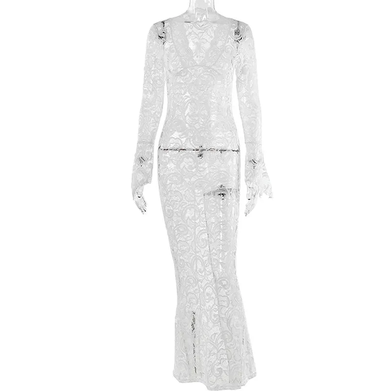 Elegant Lace See Through V-Neck Maxi Sexy Dress For Women Summer Chic Long Sleeve Hollow Out Slim Maxi Dress