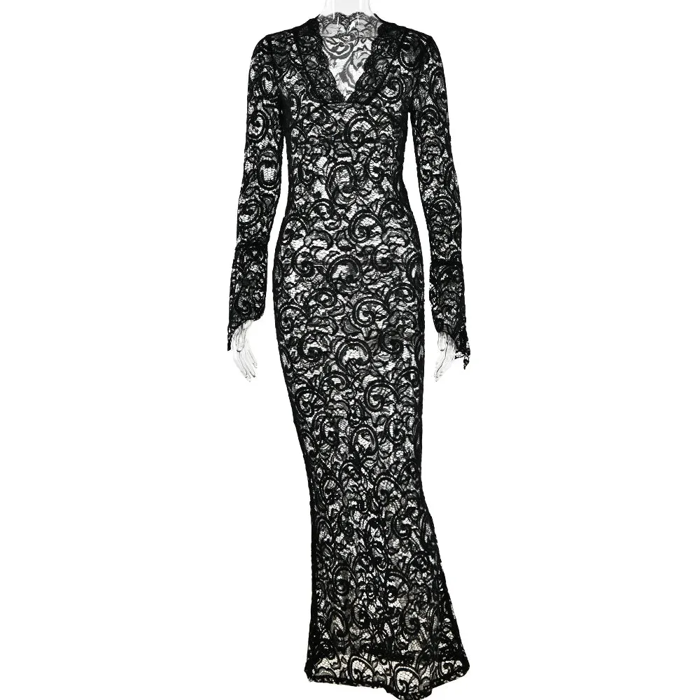 Elegant Lace See Through V-Neck Maxi Sexy Dress For Women Summer Chic Long Sleeve Hollow Out Slim Maxi Dress