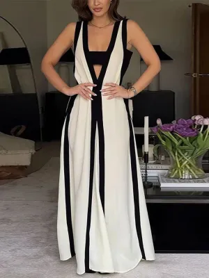 Elegant Patchwork Loose Maxi Dress Sexy Deep V-Neck Sleeveless Summer Dress