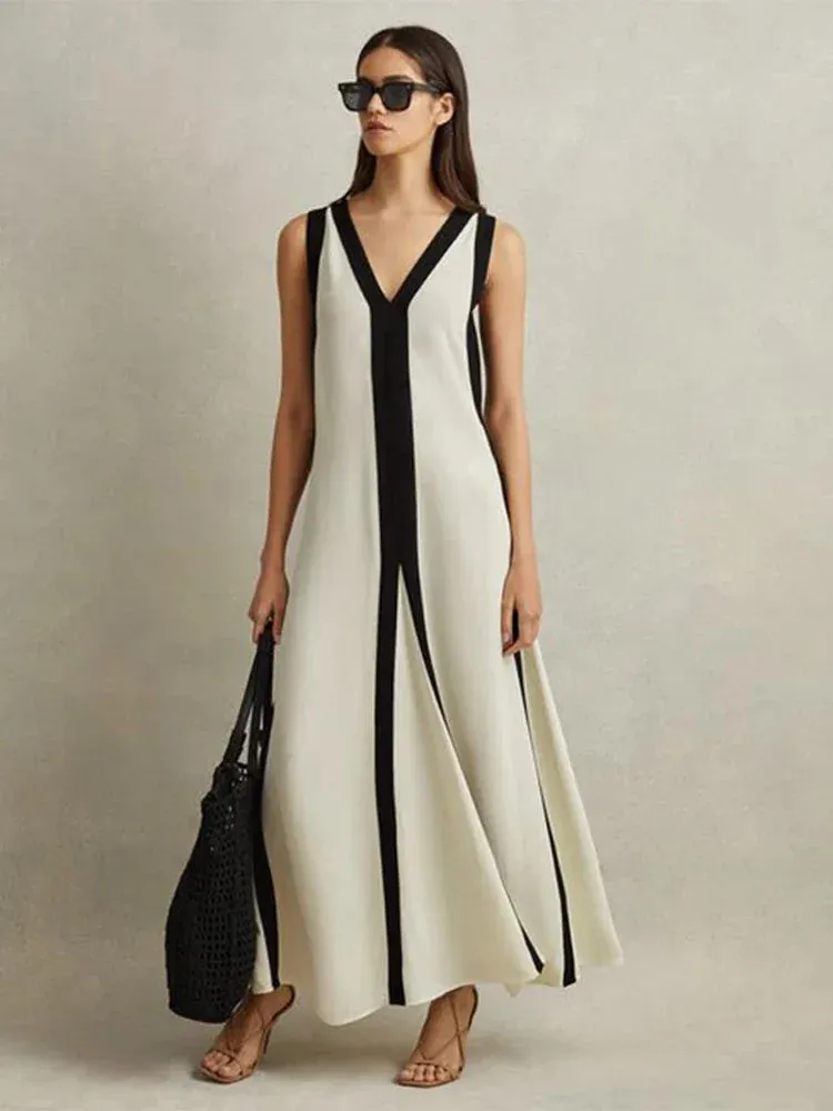 Elegant Patchwork Loose Maxi Dress Sexy Deep V-Neck Sleeveless Summer Dress