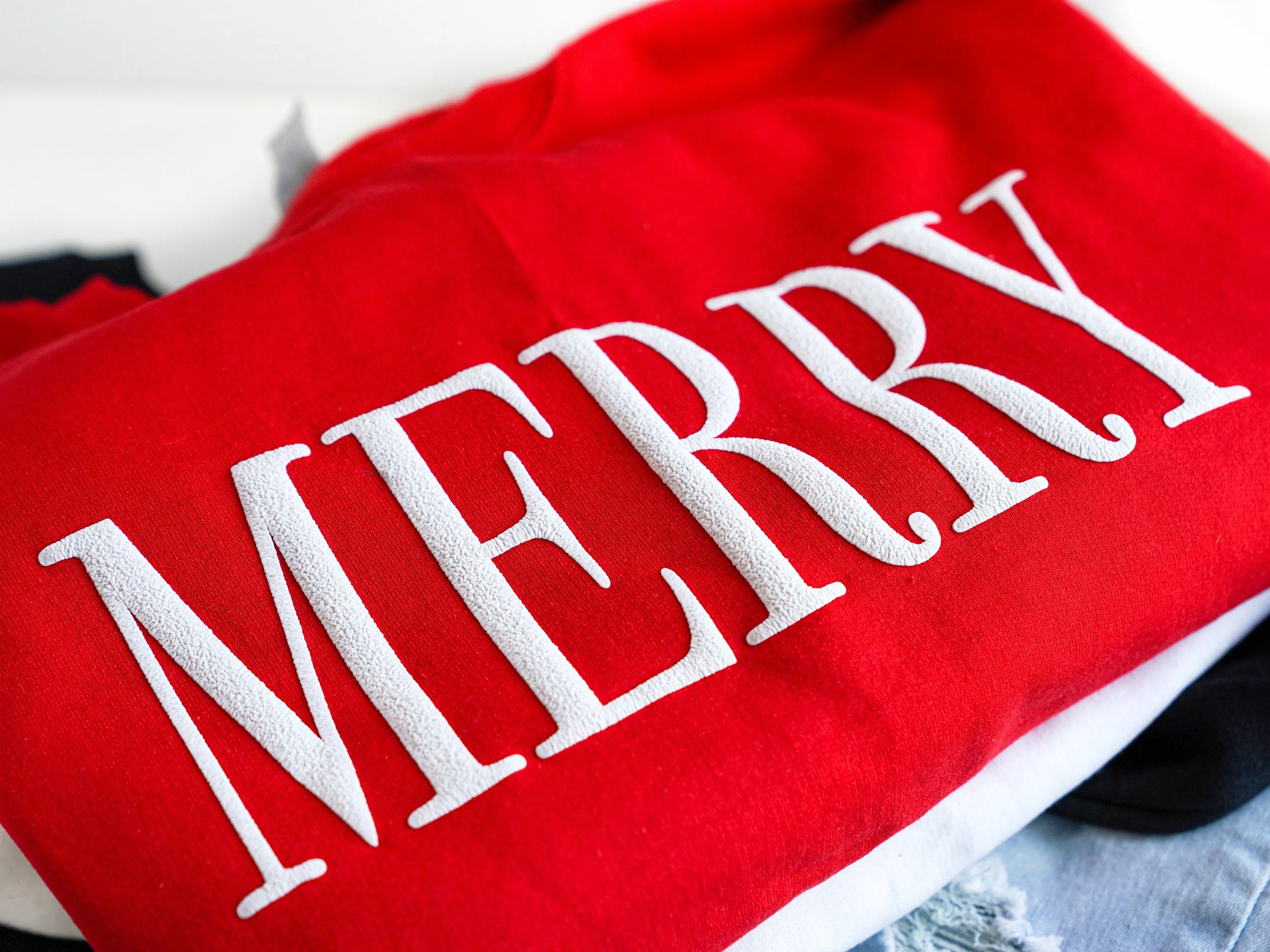 Embossed Red Merry Christmas Crewneck