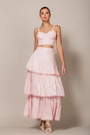 EMBROIDERED MAXI SKIRT WITH SCALLOP TRIM DETAIL