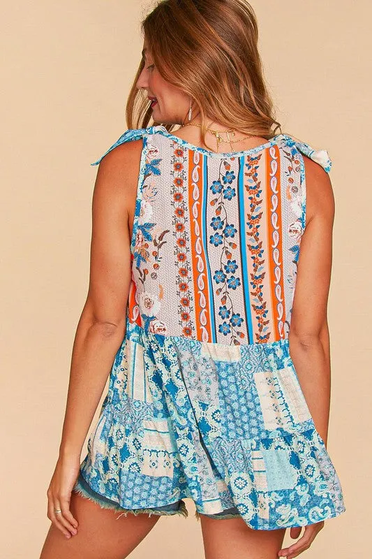 ETHNIC PATCHWORK TIE SHOULDER BABYDOLL