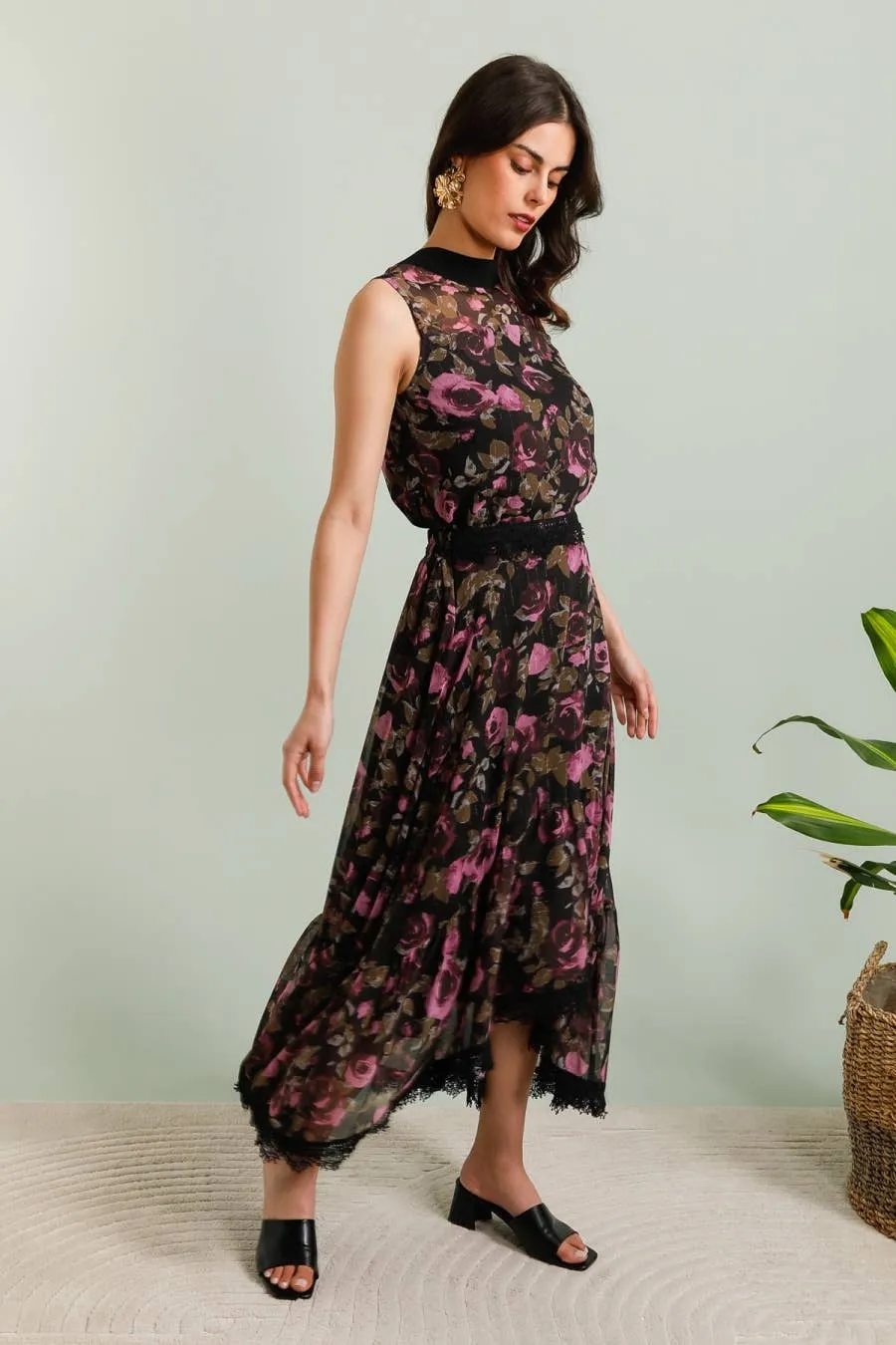 Floral Pattern Top with Purple Roses