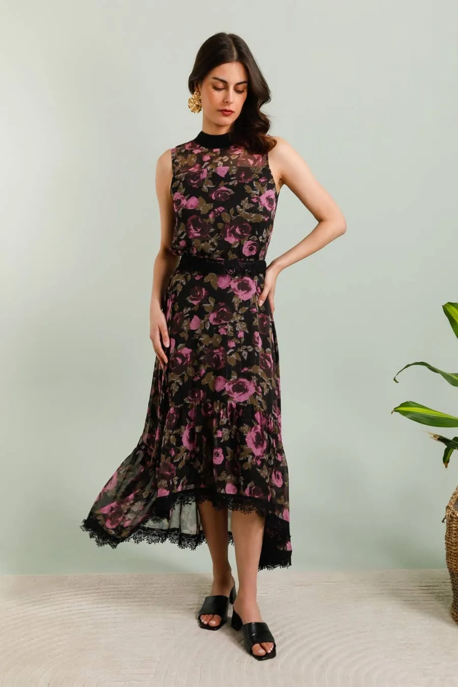 Floral Pattern Top with Purple Roses