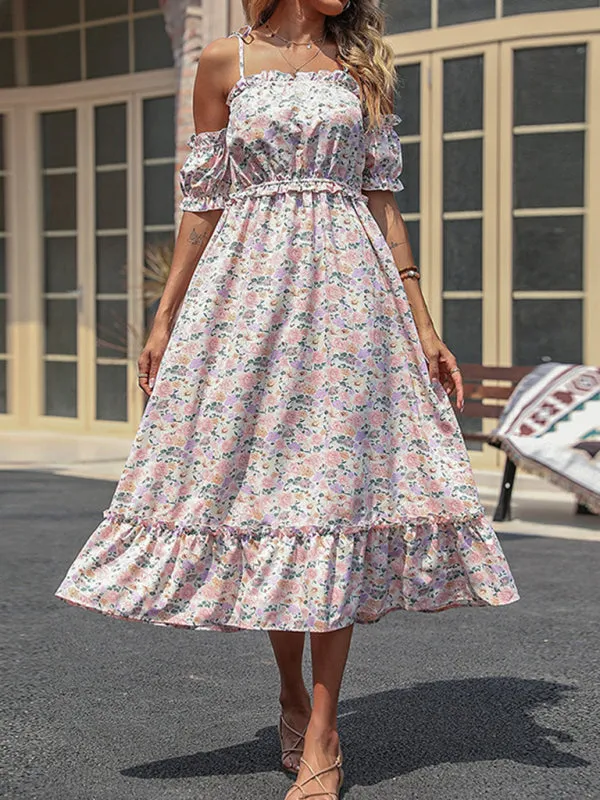 Floral Print Maxi Dress with Ruffled Off-Shoulder Design