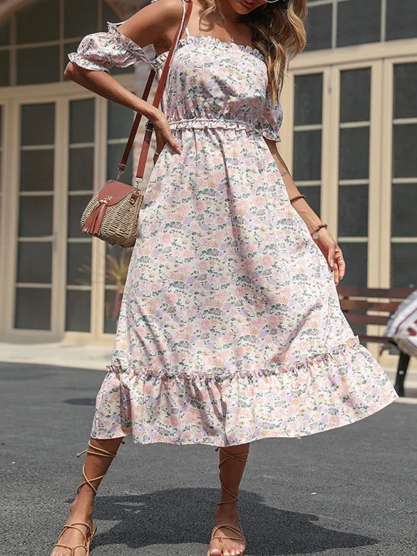 Floral Print Maxi Dress with Ruffled Off-Shoulder Design