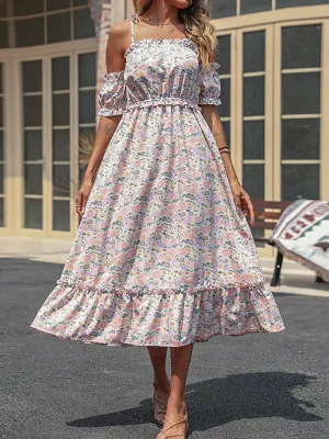 Floral Print Maxi Dress with Ruffled Off-Shoulder Design