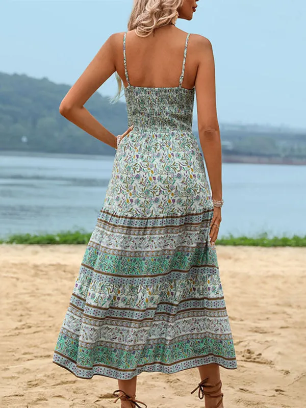 Floral Print Maxi Dress with Spaghetti Straps and Tiered Design