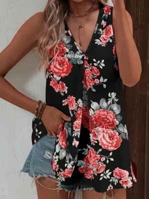 Floral V-Neck Blouse - Sleeveless Design & Lightweight Fabric