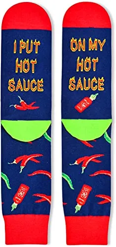 Funny Hot Sauce Socks for Men, Novelty Hot Sauce Gifts For Hot Sauce Lovers, Anniversary Gift For Him, Gift For Dad, Funny Food Socks, Mens Hot Sauce Themed Socks