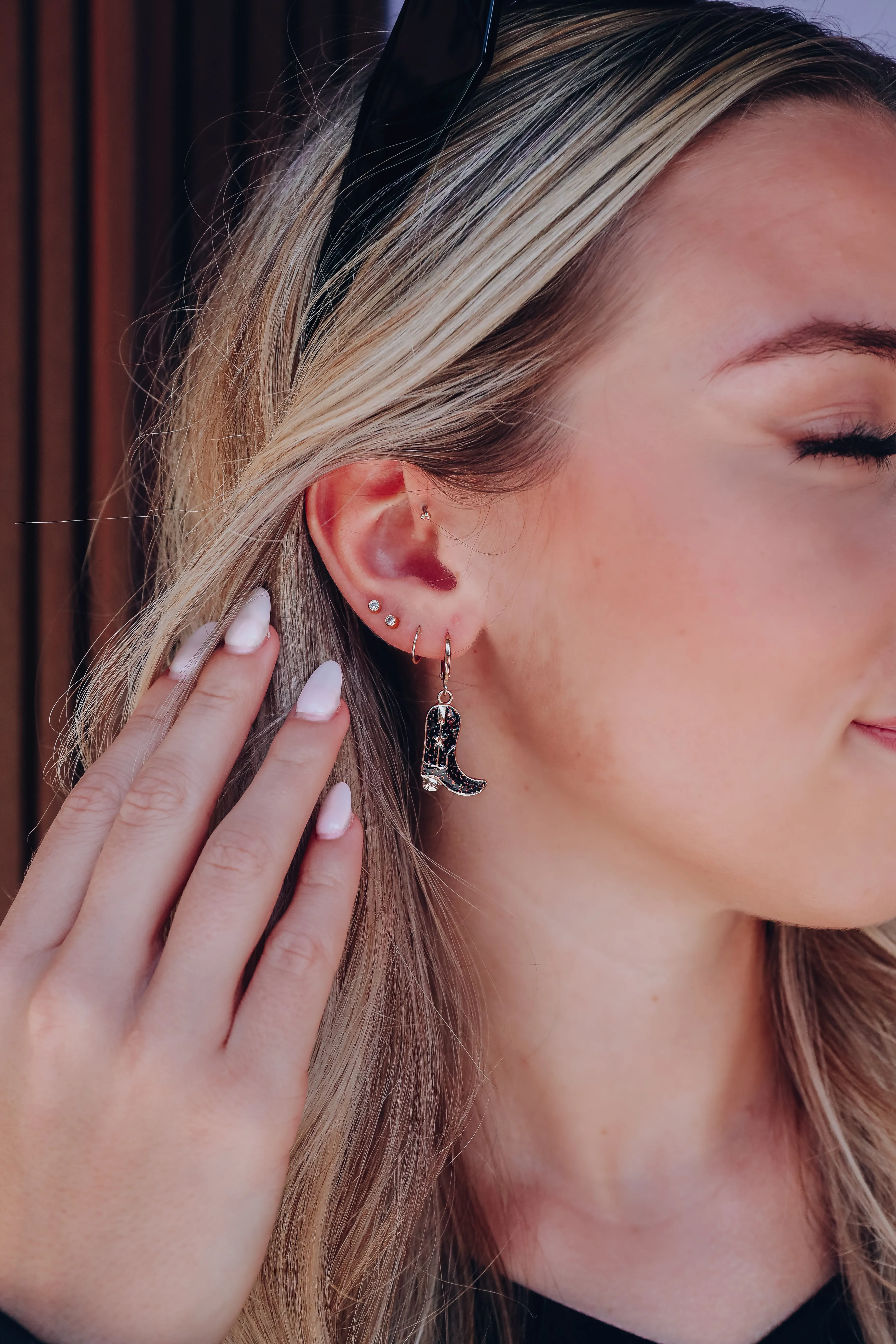 Glitter Enamel Boot Hoop Earrings - Black