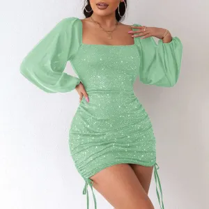 Glitter Square Neck Lantern Sleeve Drawstring Bodycon Dress