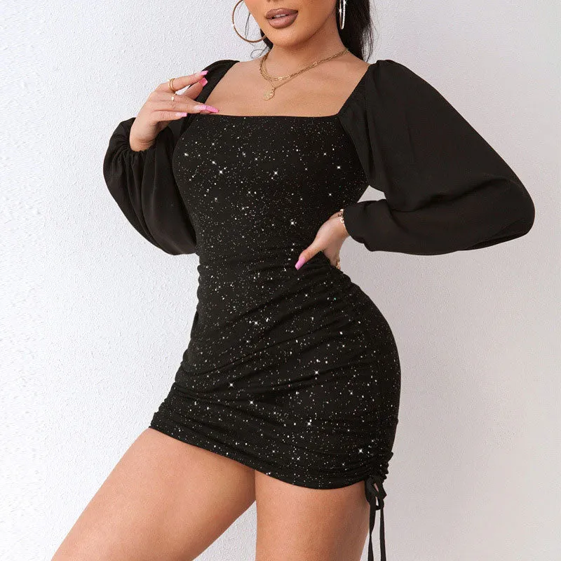Glitter Square Neck Lantern Sleeve Drawstring Bodycon Dress