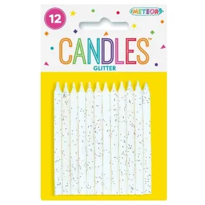 Glitter White Birthday Candles 12pk