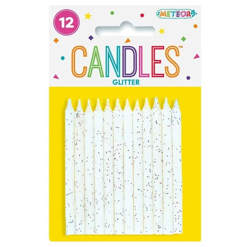 Glitter White Birthday Candles 12pk