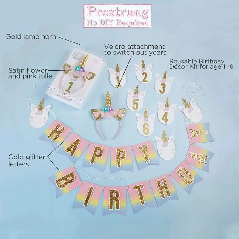 Gold Glitter Unicorn Happy Birthday Décor Kit