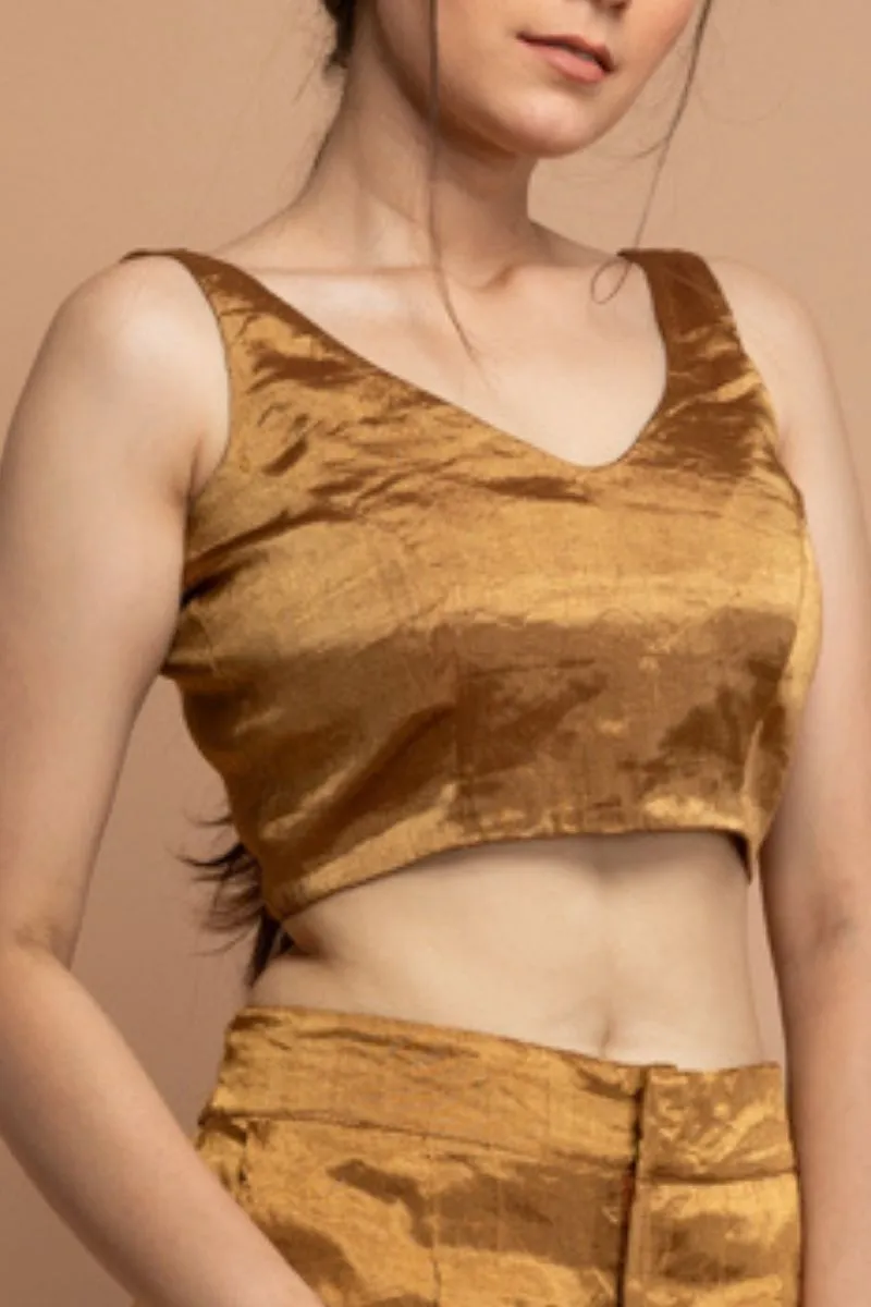 Gold Zari Sleeveless Blouse in Handwoven Fabric