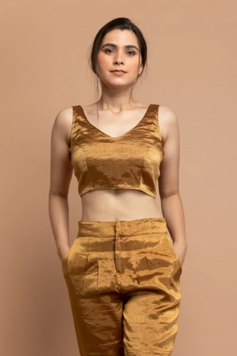 Gold Zari Sleeveless Blouse in Handwoven Fabric