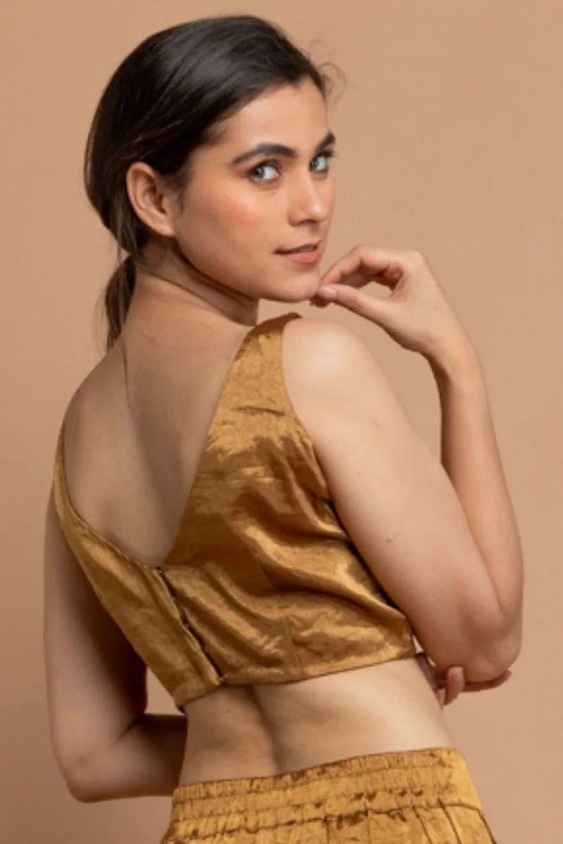 Gold Zari Sleeveless Blouse in Handwoven Fabric
