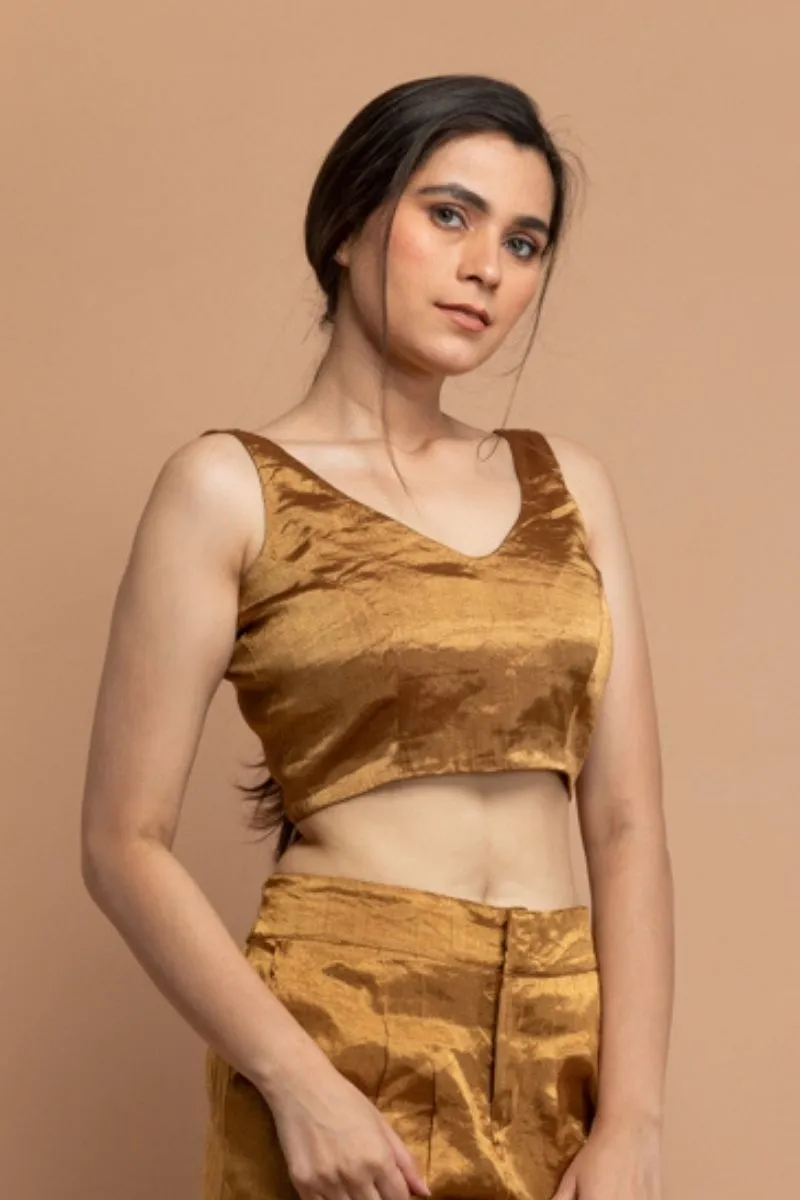 Gold Zari Sleeveless Blouse in Handwoven Fabric