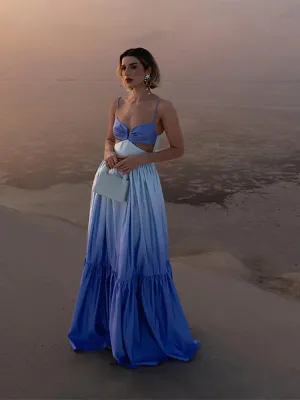 Gradient Color Hollowed Out Pleated Maxi Dress New Fashion V-Neck Sleeveless Summer Vacation Loose Dress