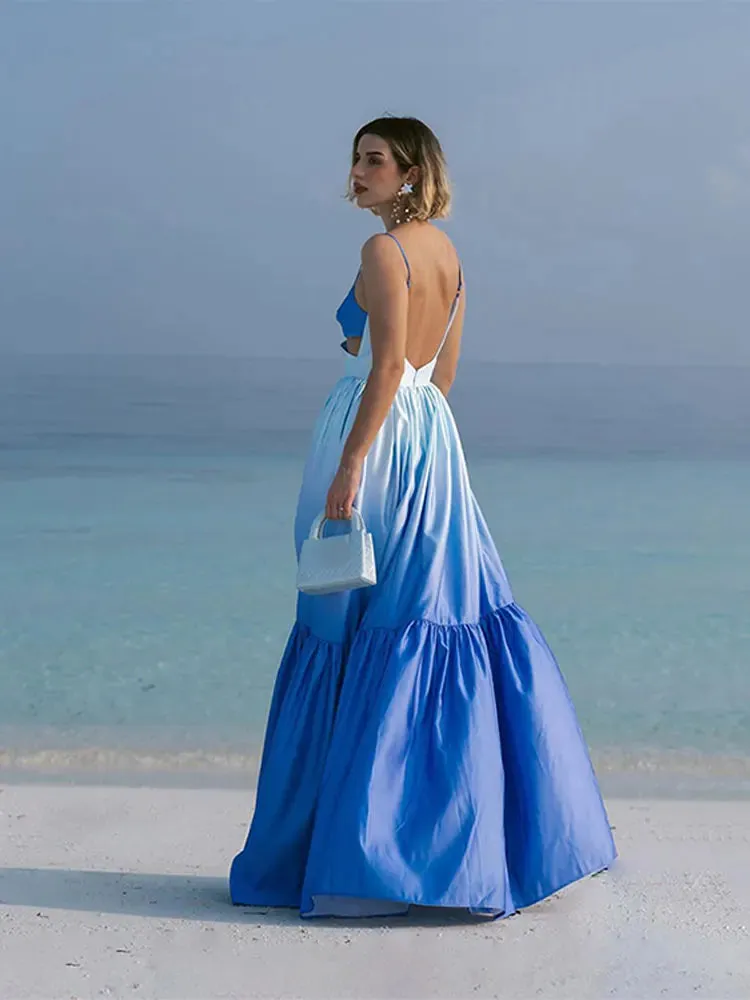 Gradient Color Hollowed Out Pleated Maxi Dress New Fashion V-Neck Sleeveless Summer Vacation Loose Dress