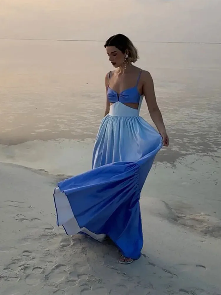 Gradient Color Hollowed Out Pleated Maxi Dress New Fashion V-Neck Sleeveless Summer Vacation Loose Dress