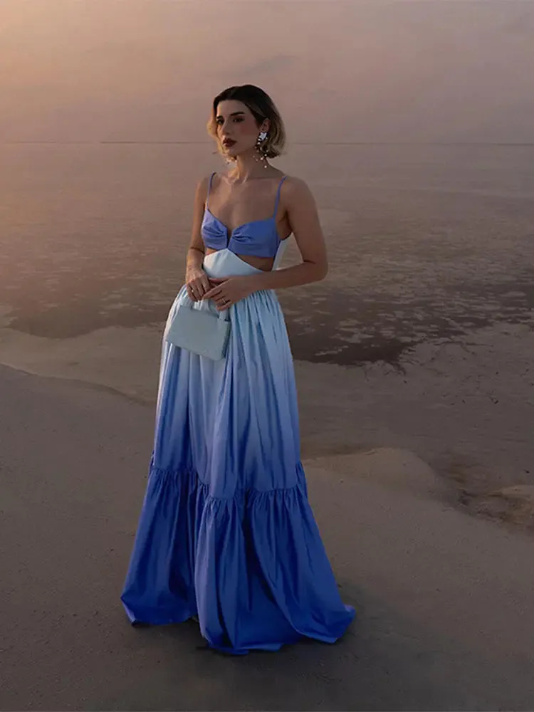 Gradient Color Hollowed Out Pleated Maxi Dress New Fashion V-Neck Sleeveless Summer Vacation Loose Dress
