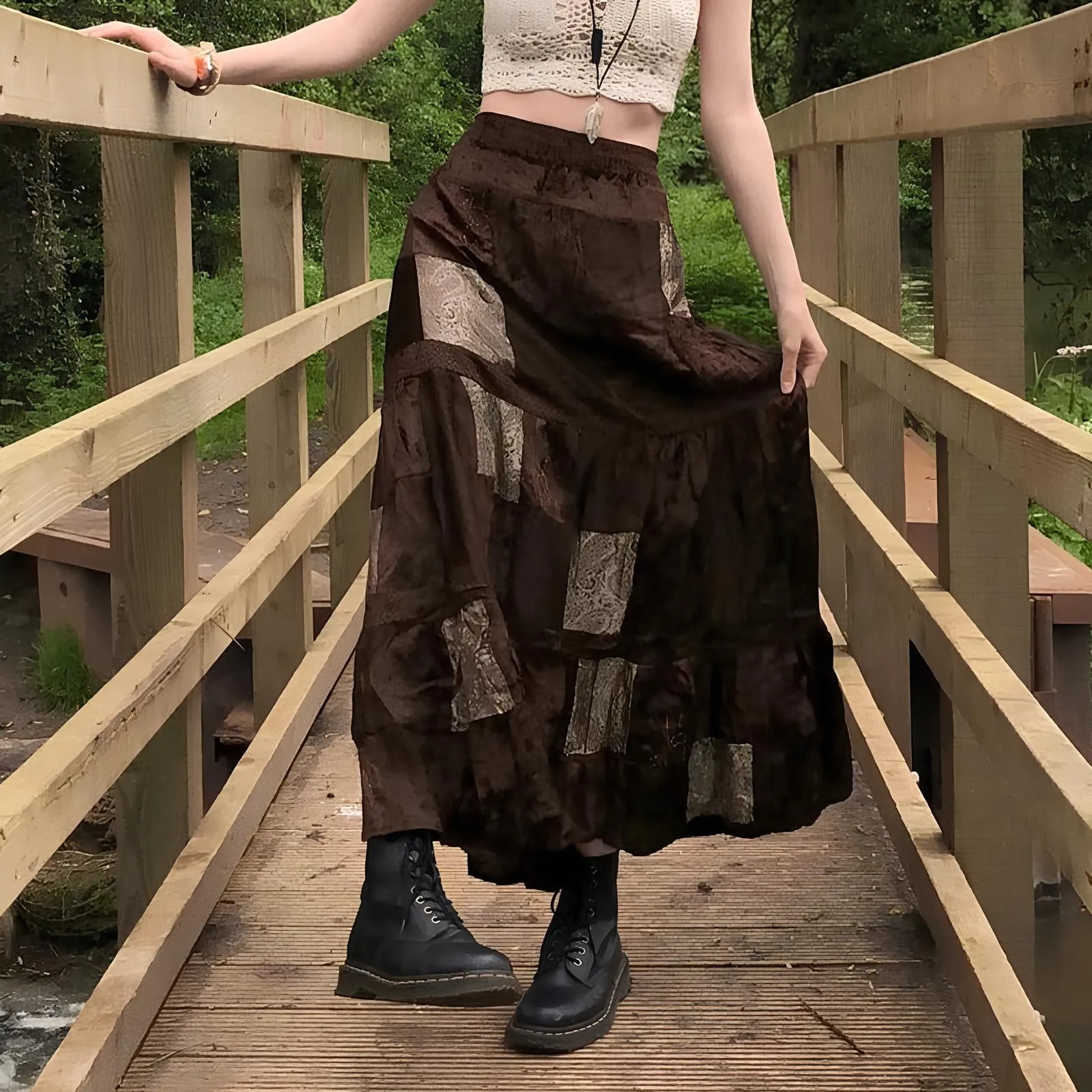 Grunge Velvet Brown Patchwork Maxi Skirt