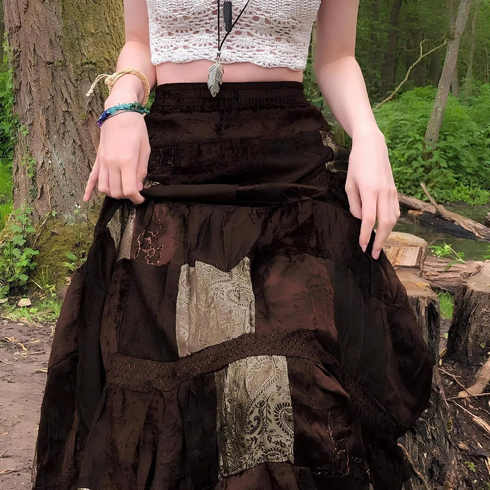 Grunge Velvet Brown Patchwork Maxi Skirt
