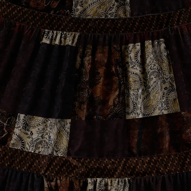 Grunge Velvet Brown Patchwork Maxi Skirt