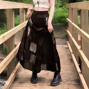 Grunge Velvet Brown Patchwork Maxi Skirt