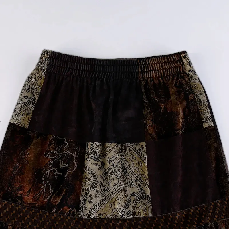 Grunge Velvet Brown Patchwork Maxi Skirt