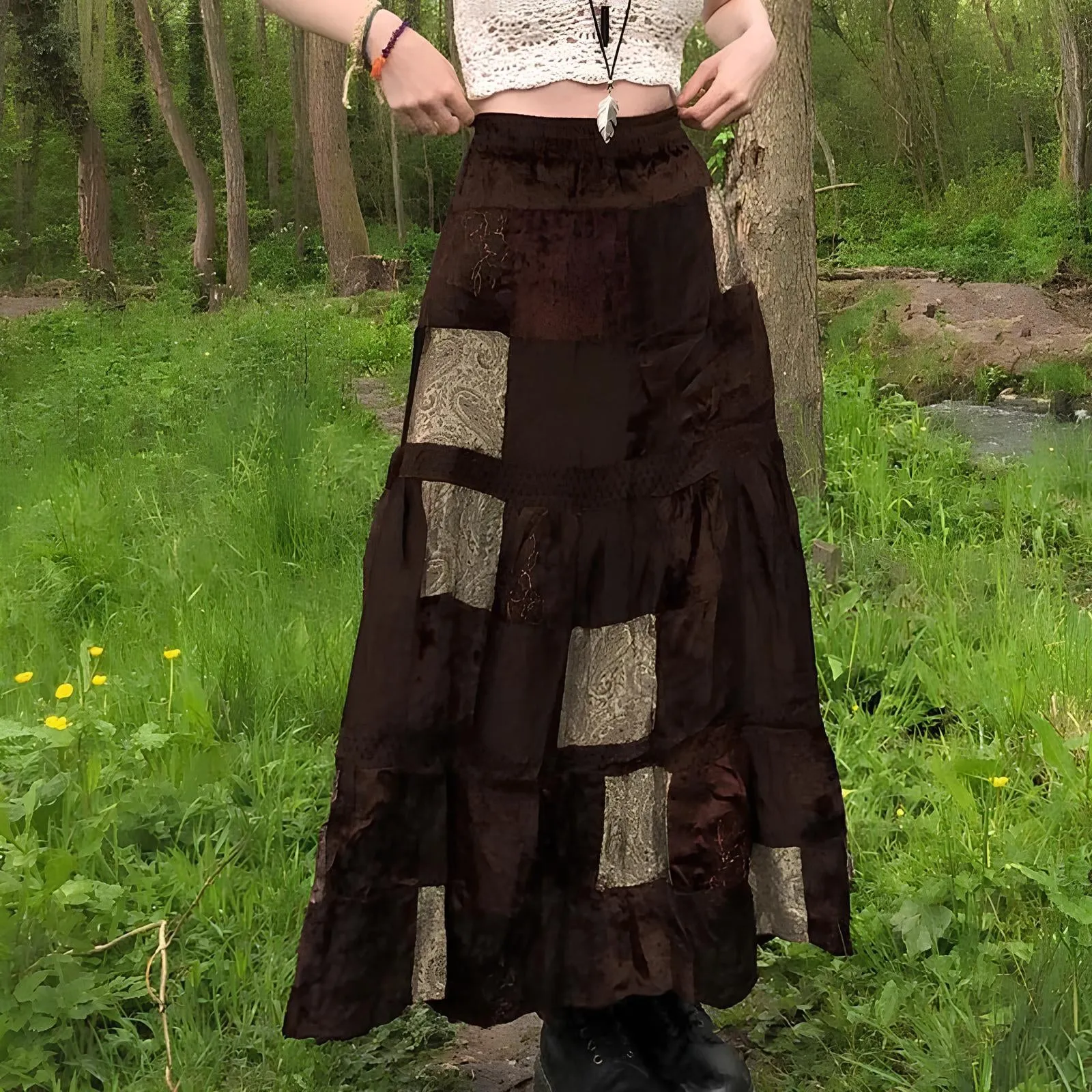 Grunge Velvet Brown Patchwork Maxi Skirt