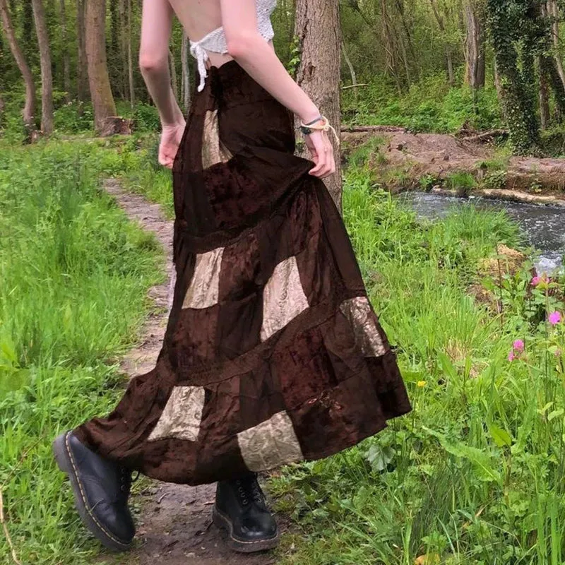 Grunge Velvet Brown Patchwork Maxi Skirt