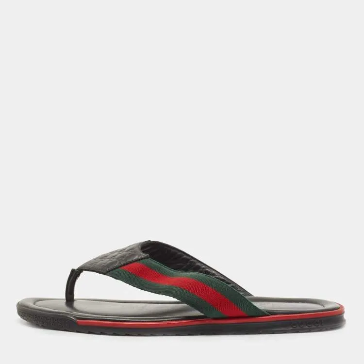 Gucci black leather web flip flop sandals
