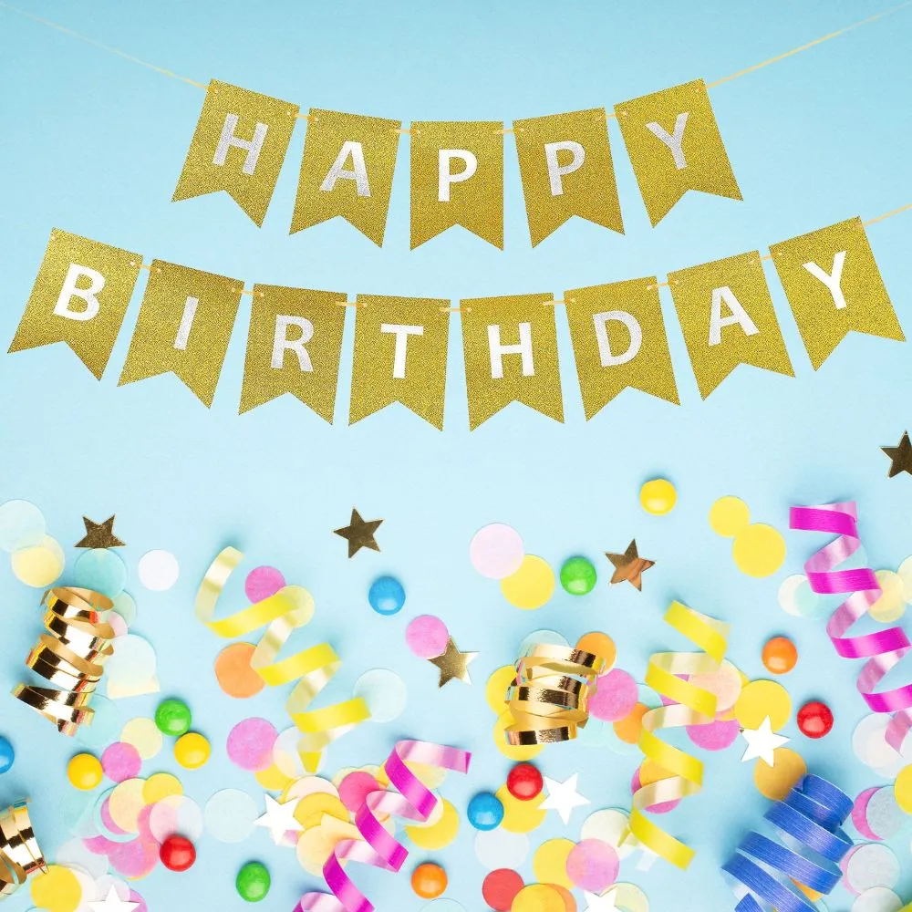 Happy Birthday Banner - Golden Glitter with Silver Alphabets