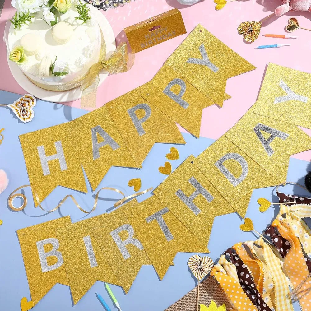 Happy Birthday Banner - Golden Glitter with Silver Alphabets