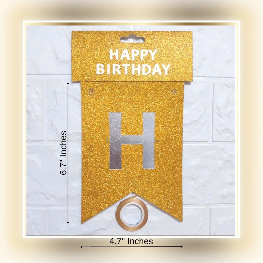 Happy Birthday Banner - Golden Glitter with Silver Alphabets