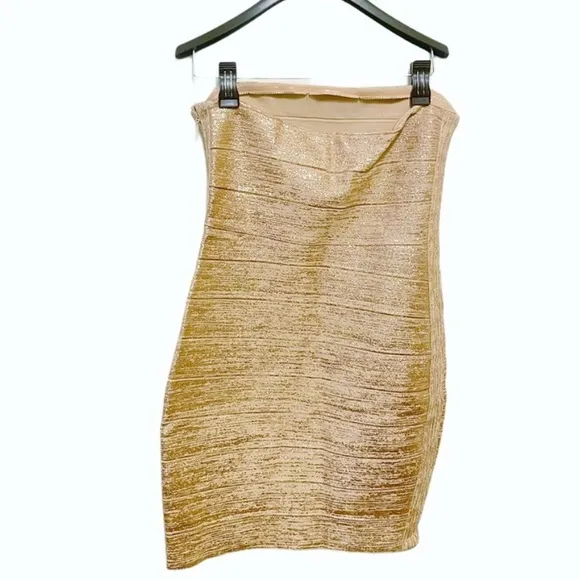 Haute Hippie Gold Metallic Glitter Bodycon Bandage Rayon Strapless Party Dress L