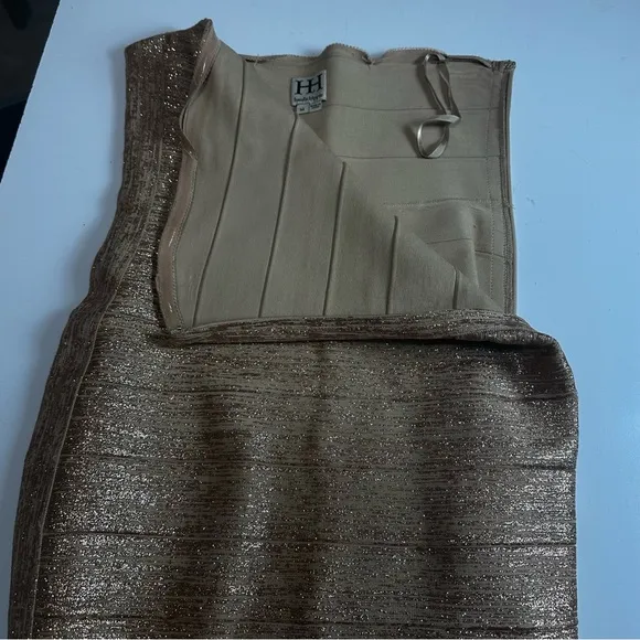 Haute Hippie Gold Metallic Glitter Bodycon Bandage Rayon Strapless Party Dress L