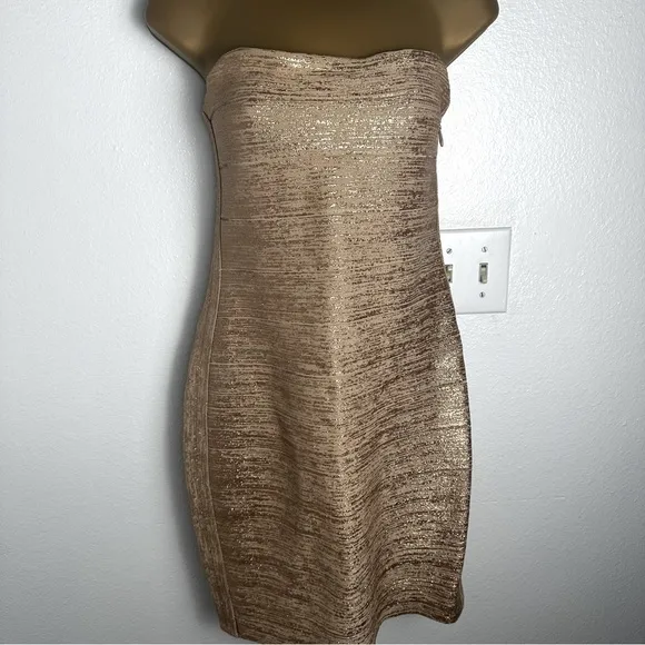 Haute Hippie Gold Metallic Glitter Bodycon Bandage Rayon Strapless Party Dress L