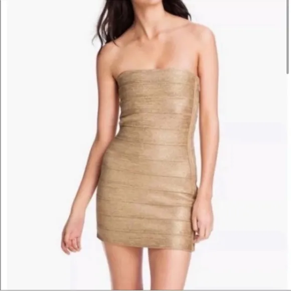 Haute Hippie Gold Metallic Glitter Bodycon Bandage Rayon Strapless Party Dress L