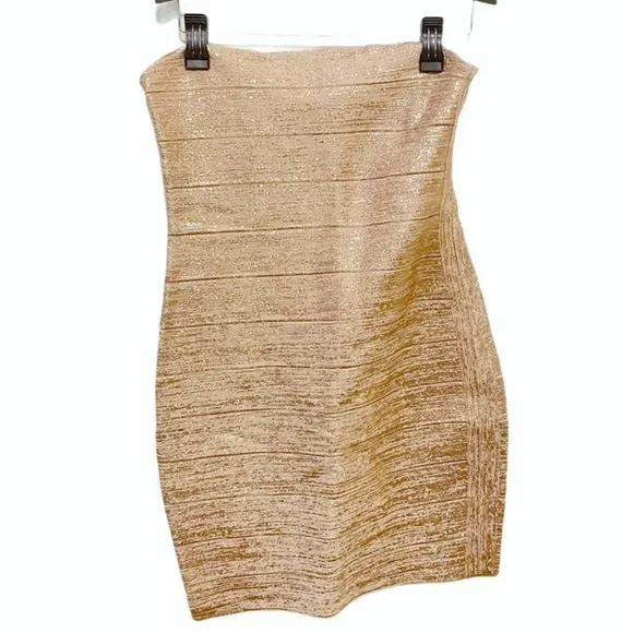 Haute Hippie Gold Metallic Glitter Bodycon Bandage Rayon Strapless Party Dress L