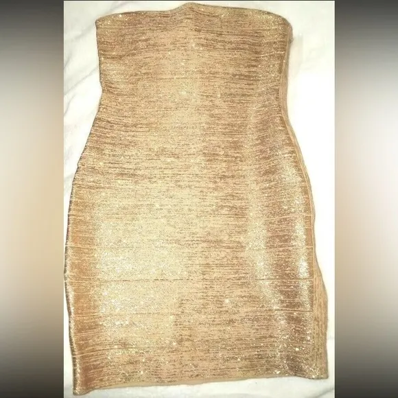 Haute Hippie Gold Metallic Glitter Bodycon Bandage Rayon Strapless Party Dress L