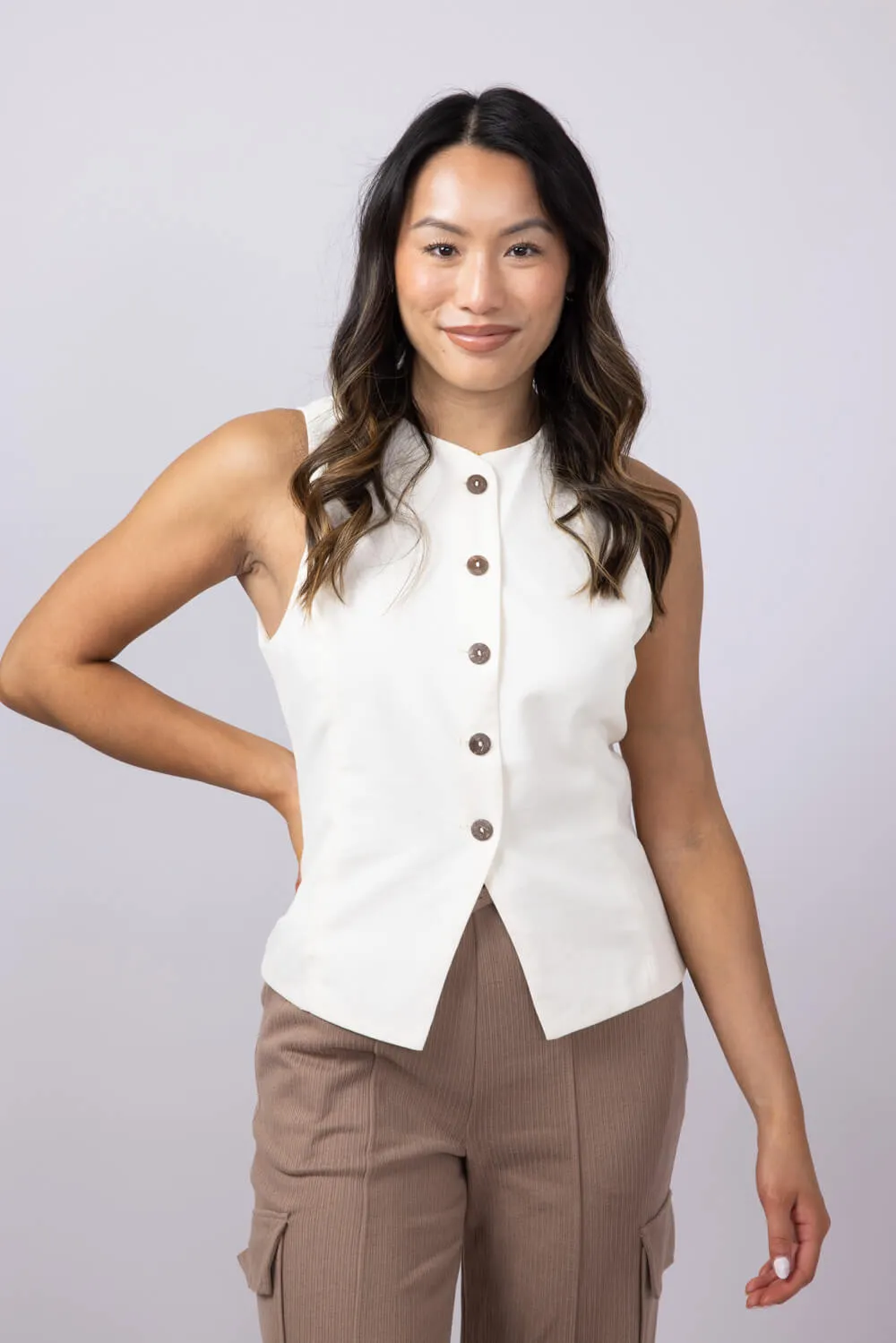 High Neck Button Up Vest for Women in Natural | MT1661-NATURAL