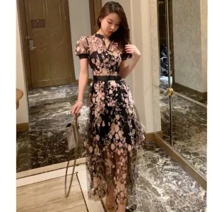 High Quality Embroidered Long Mesh Summer Dress New Fashion Mesh Sequins Flower Pattern Dress Chic Summer Maxi Long Dress