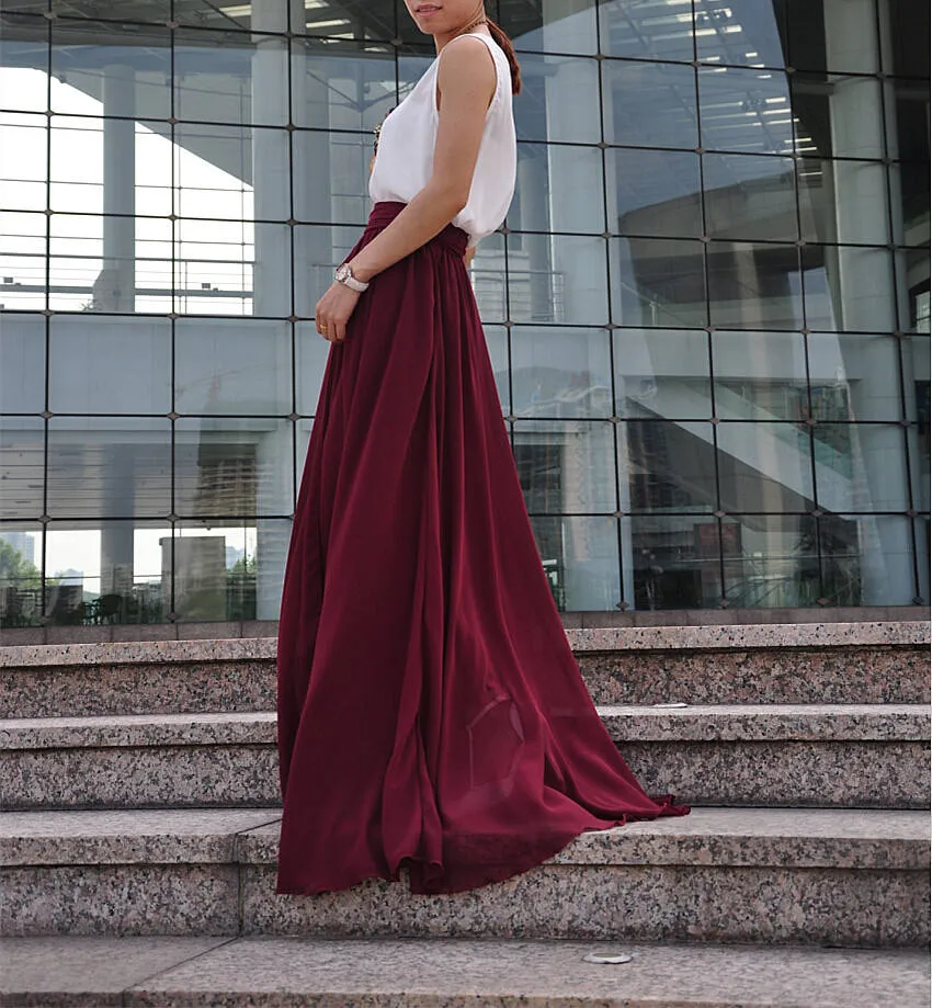 High Waist Maxi Skirt Chiffon Silk Skirts Beautiful Bow Tie Elastic Waist Summer Skirt Floor Length Long Skirt (037), #126