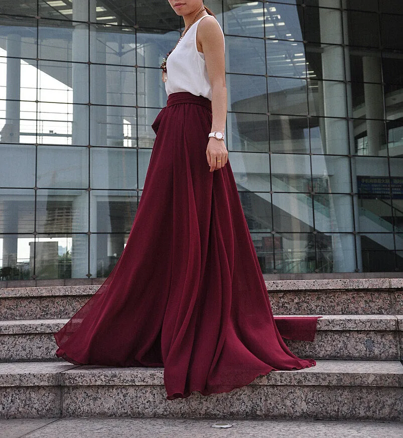 High Waist Maxi Skirt Chiffon Silk Skirts Beautiful Bow Tie Elastic Waist Summer Skirt Floor Length Long Skirt (037), #126
